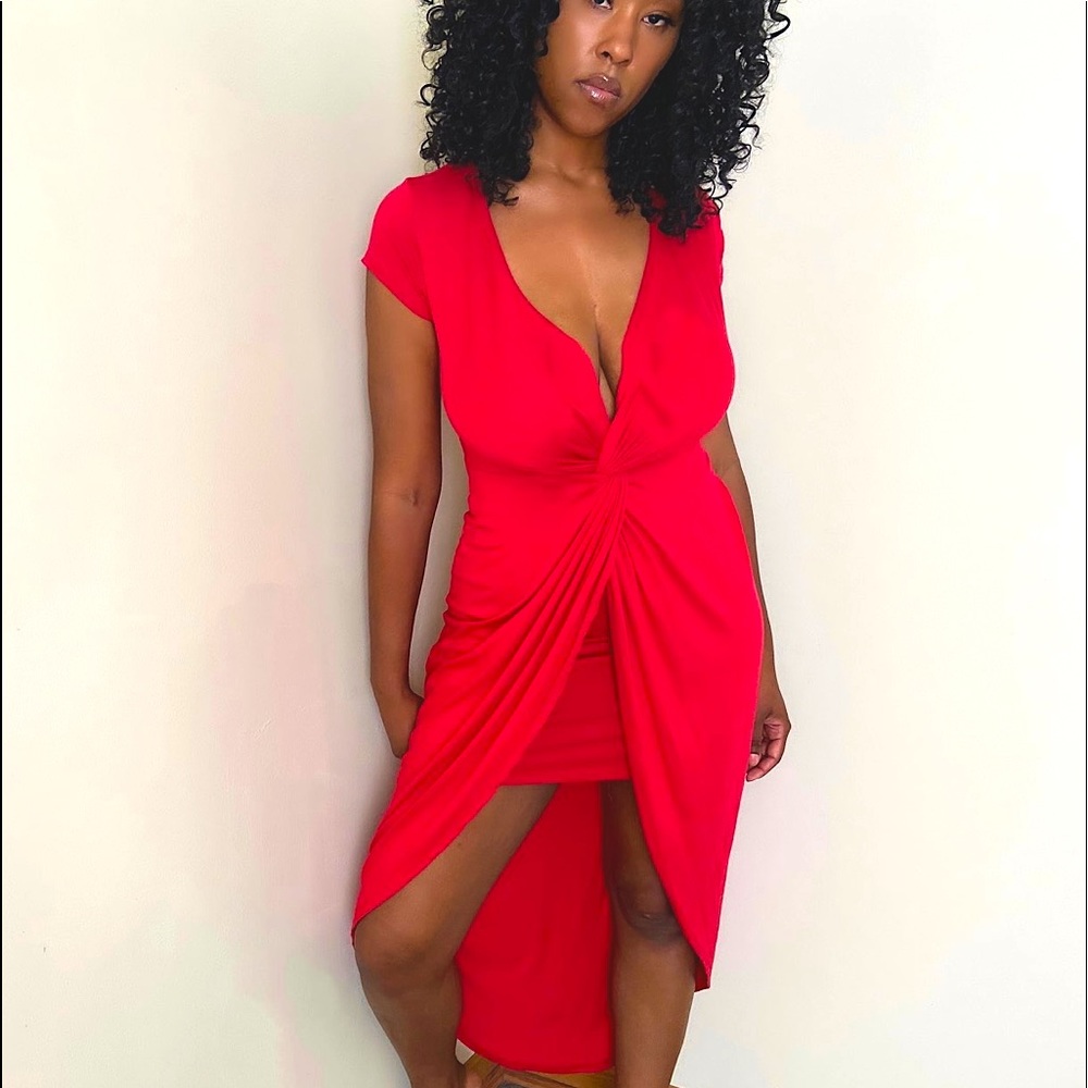 RED TWIST FRONT HIGH LOW DRESS